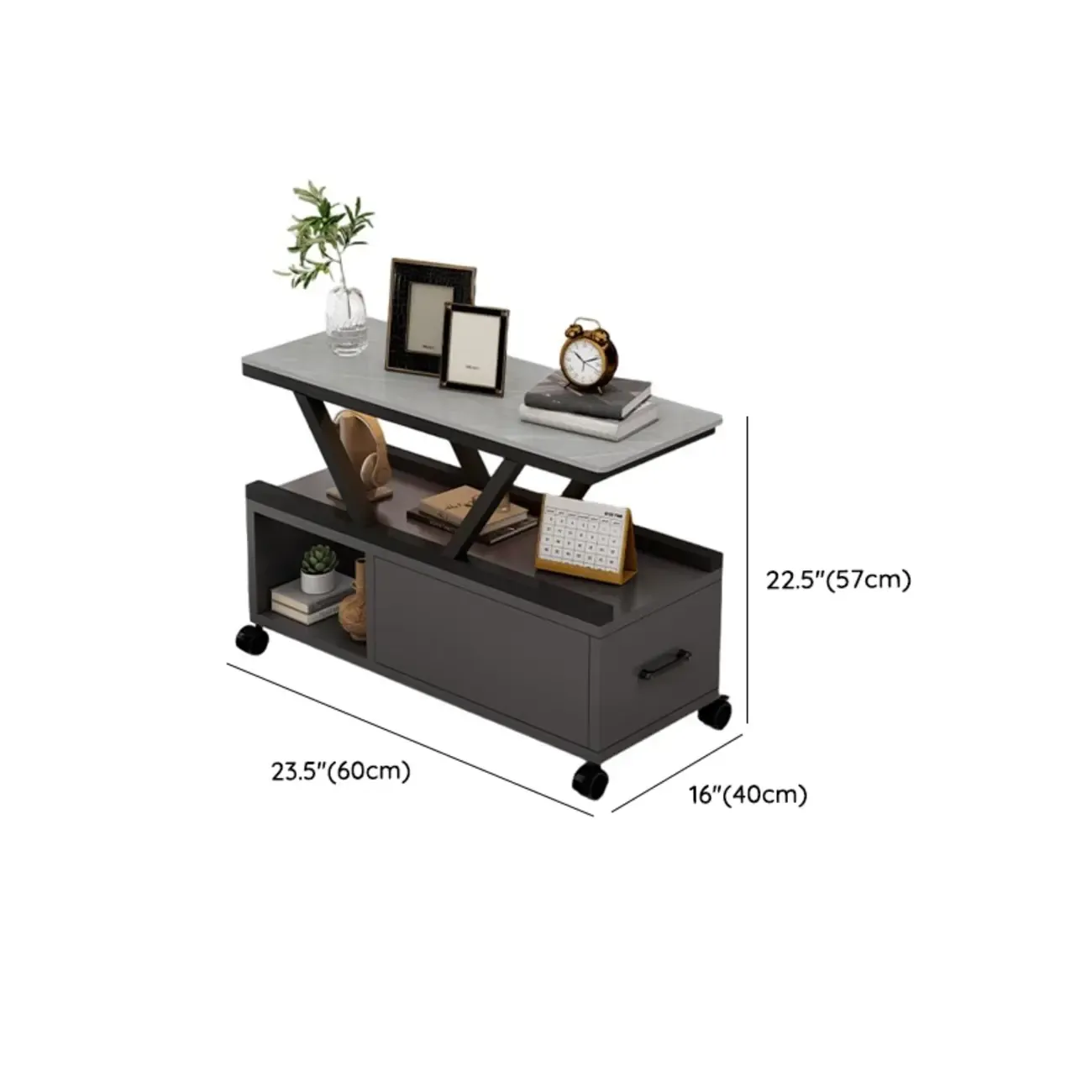 Grey Marble Top Rectangular Mobile Side Table with Storage Image - 15