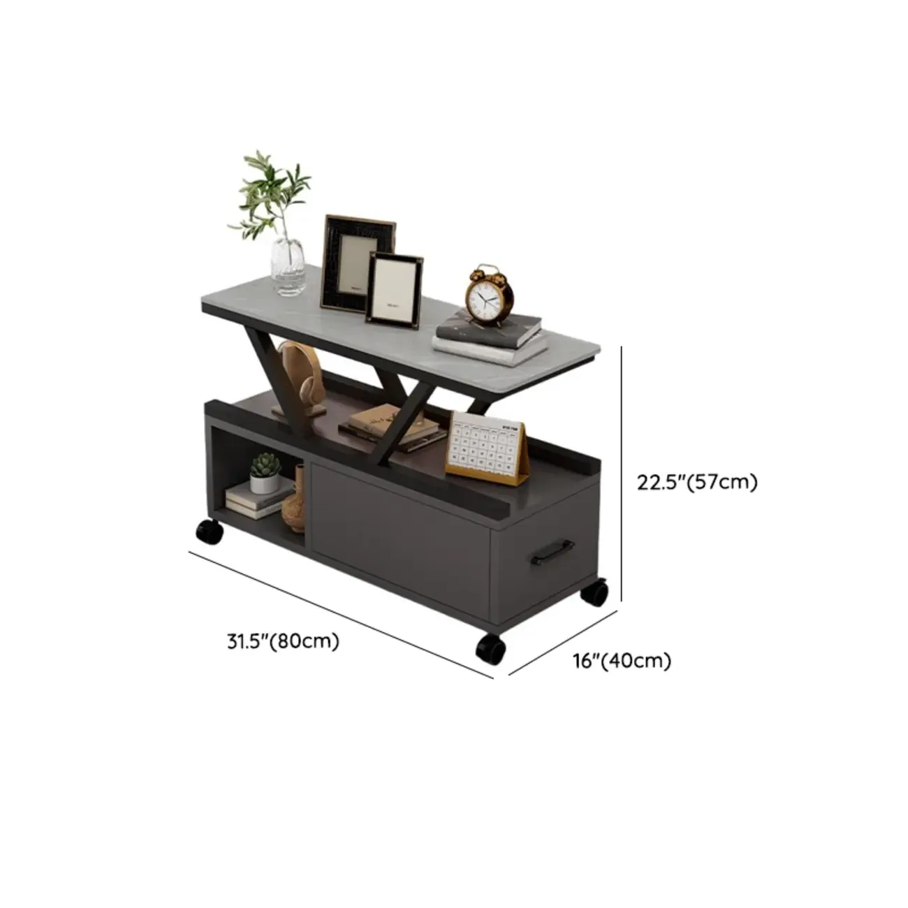 Grey Marble Top Rectangular Mobile Side Table with Storage Image - 17