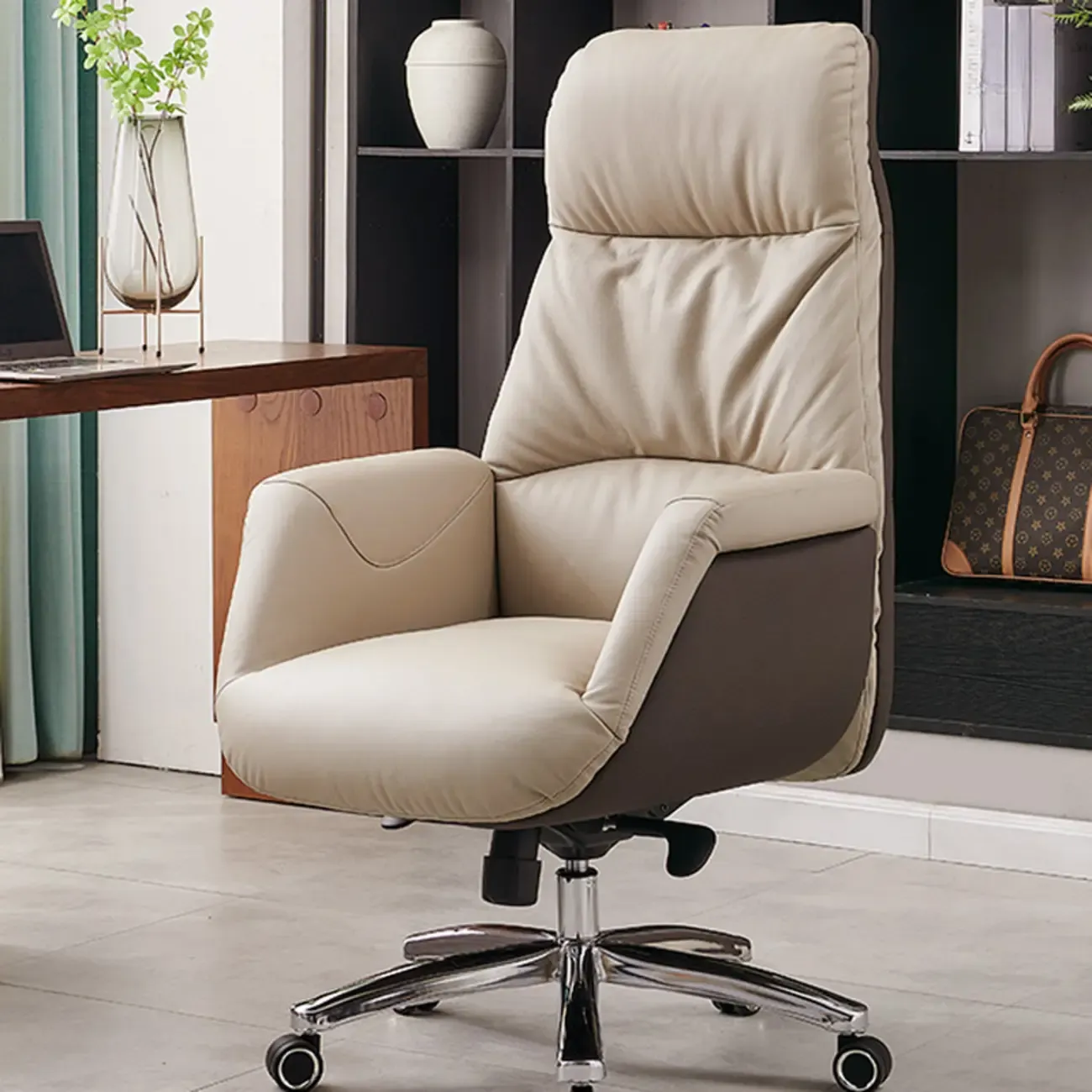 Beige Genuine Leather Swivel Ergonomic Chair with High-Back Image - 1