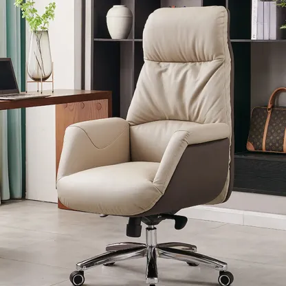 Beige Genuine Leather Swivel Ergonomic Chair with High-Back Image - 1