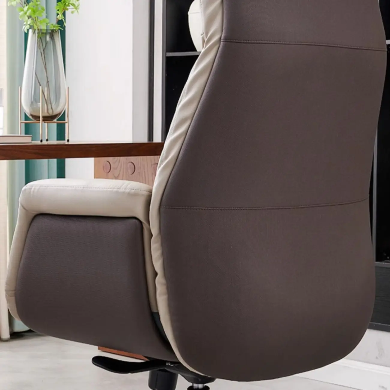 Beige Genuine Leather Swivel Ergonomic Chair with High-Back Image - 3 | homeyfad