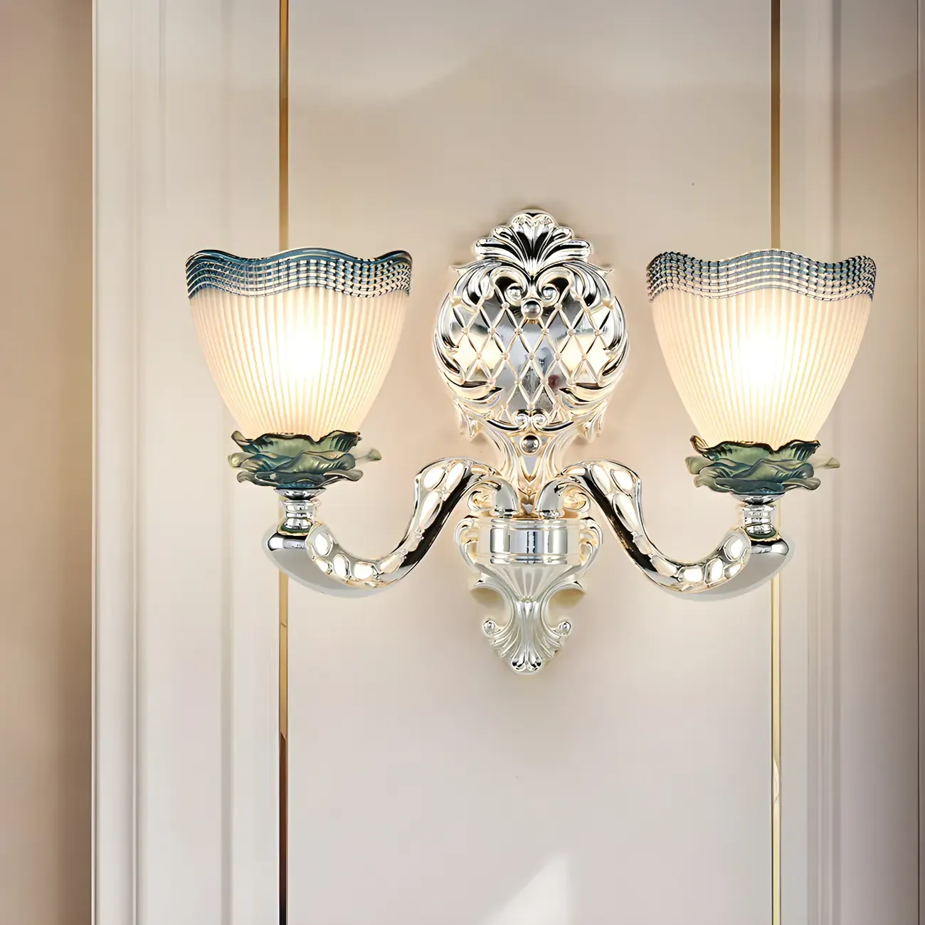 Vintage Scalloped Opal Glass Wall Sconce Silver Image - 1