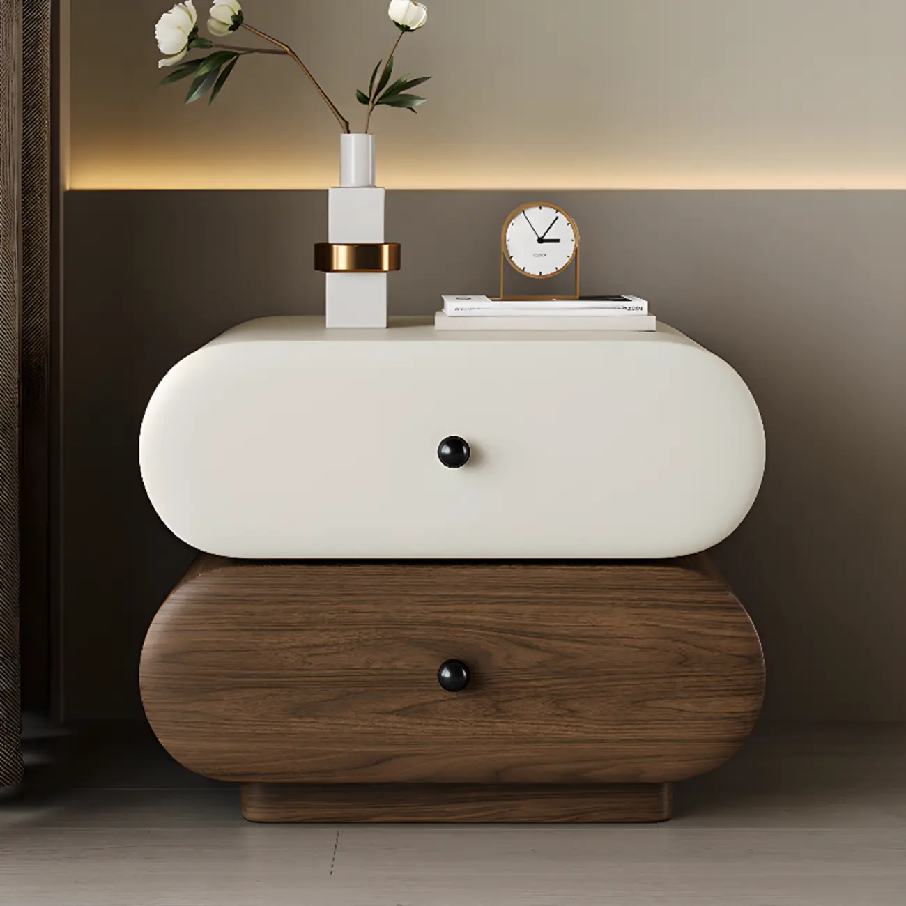 Capsule-shaped Modern Pine Wood 2-tier Drawer Nightstand Image - 1 | homeyfad