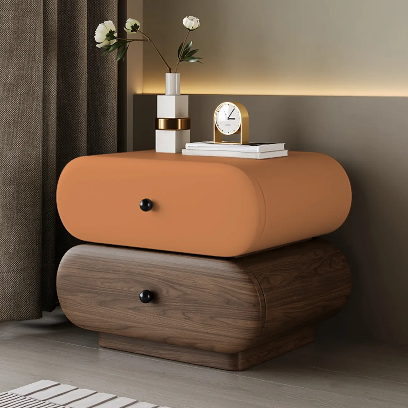 Capsule-shaped Modern Pine Wood 2-tier Drawer Nightstand Image - 2 | homeyfad