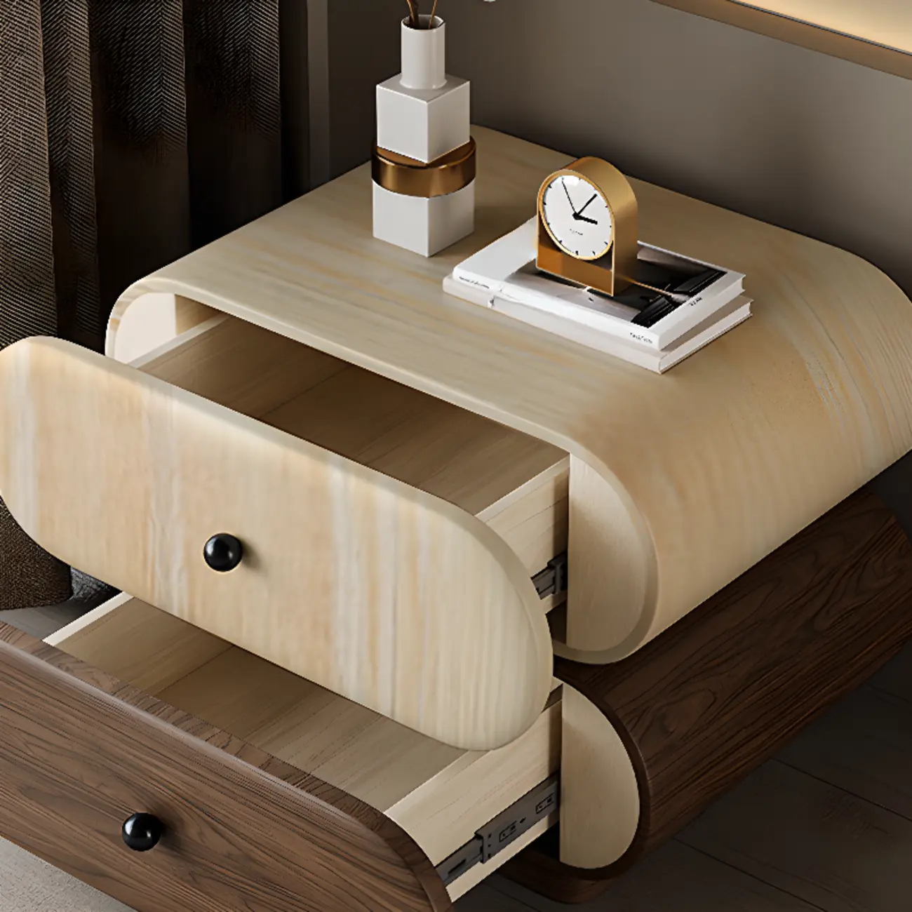 Capsule-shaped Modern Pine Wood 2-tier Drawer Nightstand Image - 4 | homeyfad