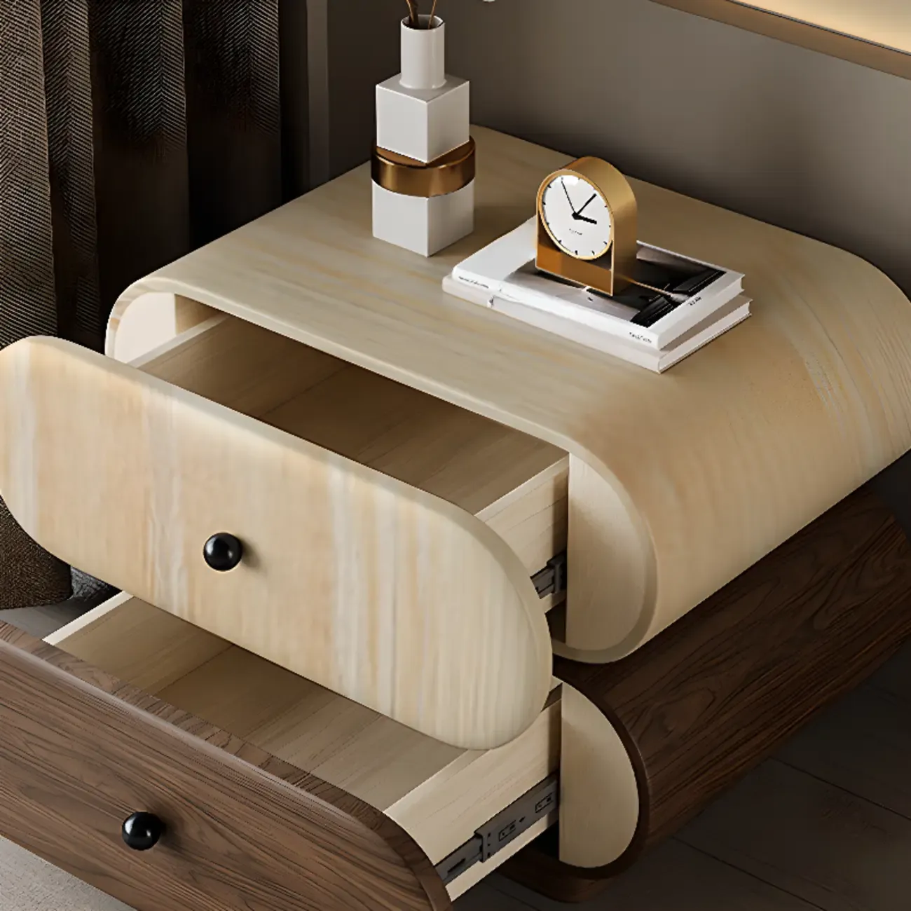 Capsule-shaped Modern Pine Wood 2-tier Drawer Nightstand Image - 4