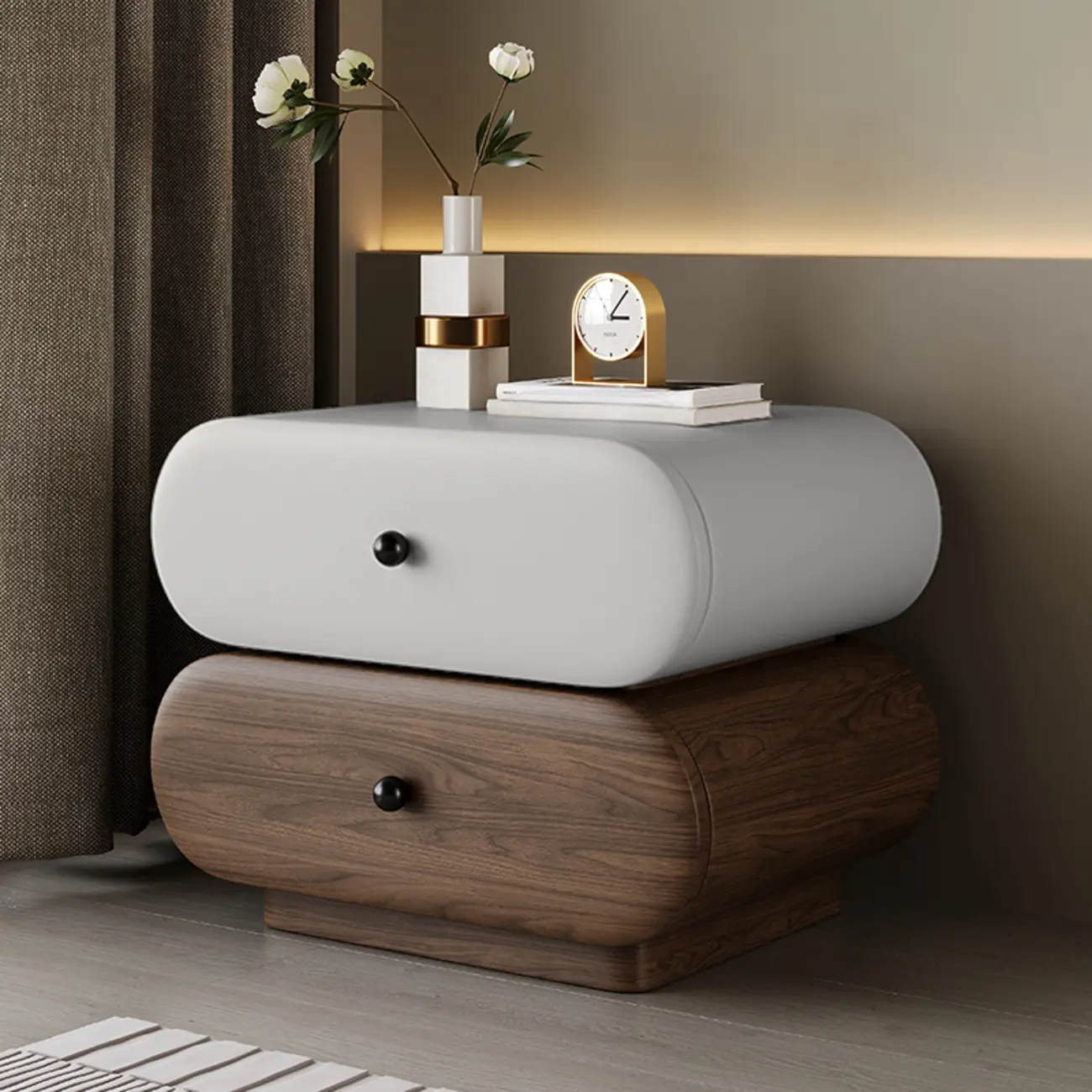 Capsule-shaped Modern Pine Wood 2-tier Drawer Nightstand Image - 5 | homeyfad