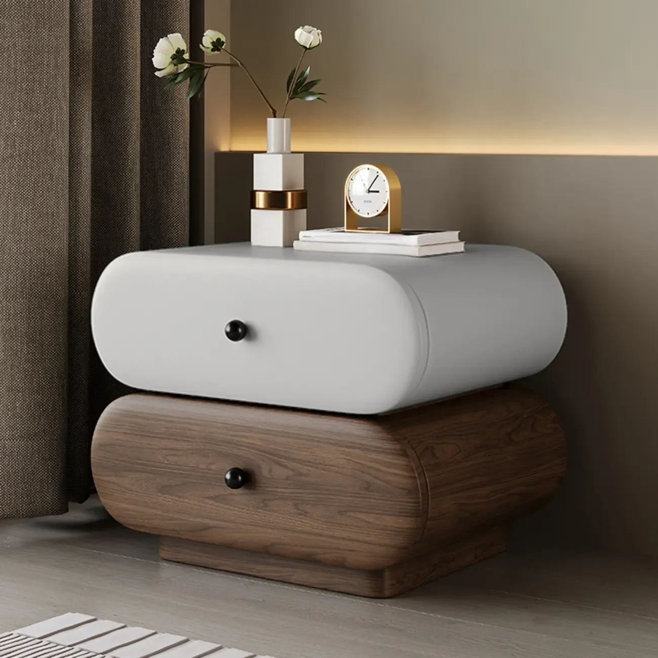 Capsule-shaped Modern Pine Wood 2-tier Drawer Nightstand Image - 5