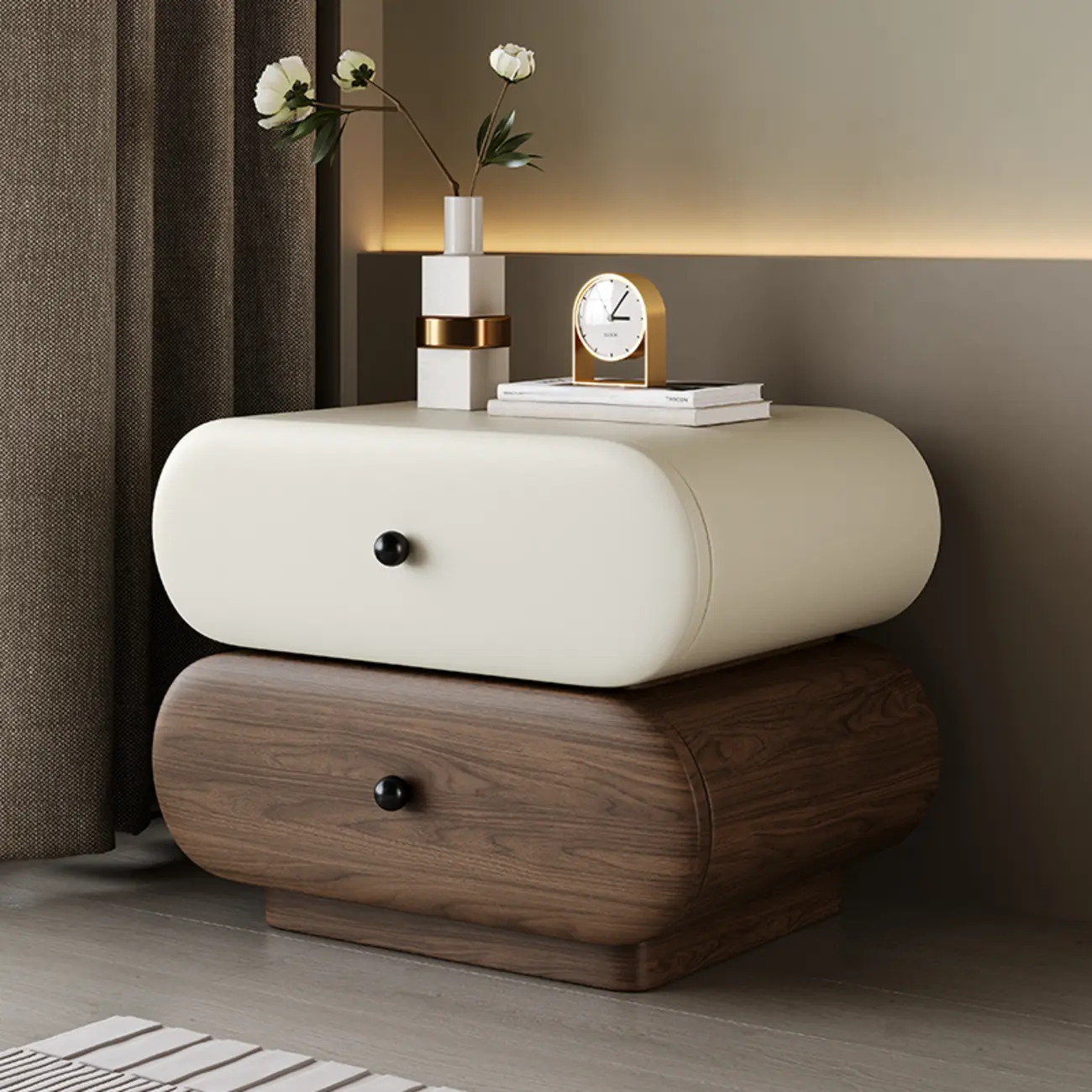 Capsule-shaped Modern Pine Wood 2-tier Drawer Nightstand Image - 9 | homeyfad