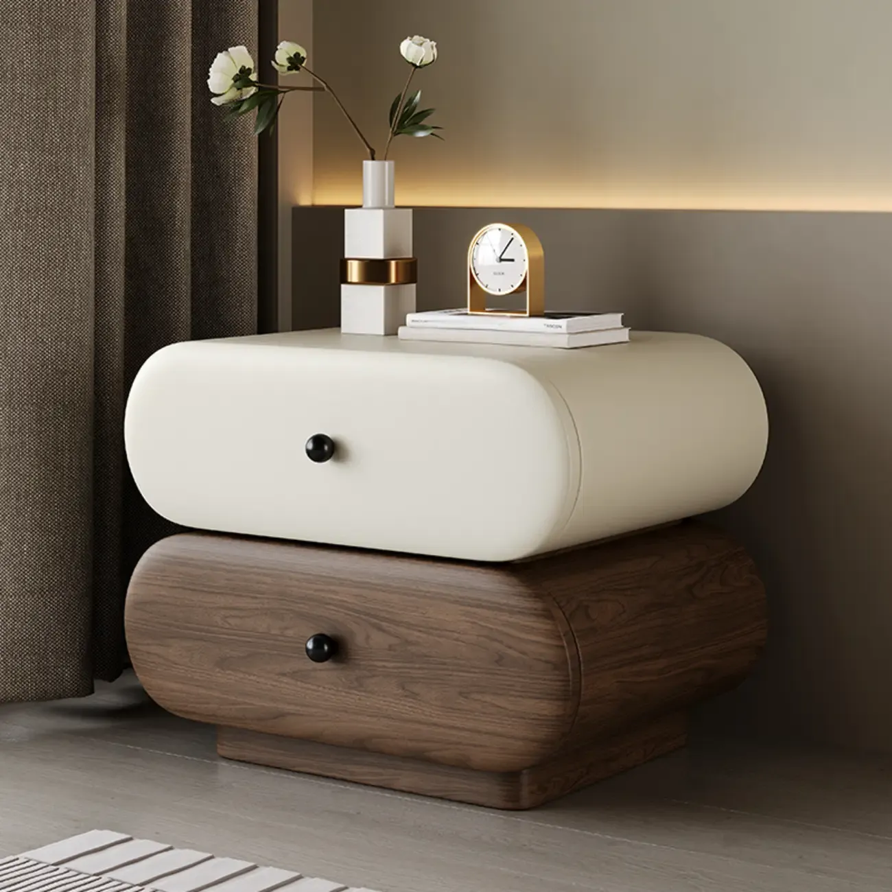 Capsule-shaped Modern Pine Wood 2-tier Drawer Nightstand Image - 9