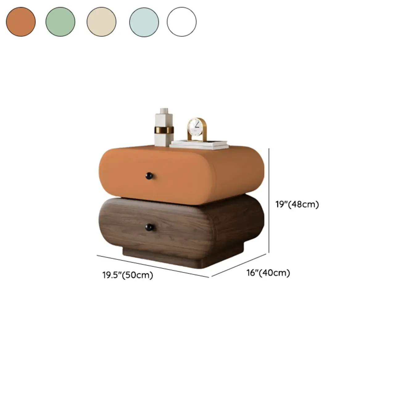 Capsule-shaped Modern Pine Wood 2-tier Drawer Nightstand #size