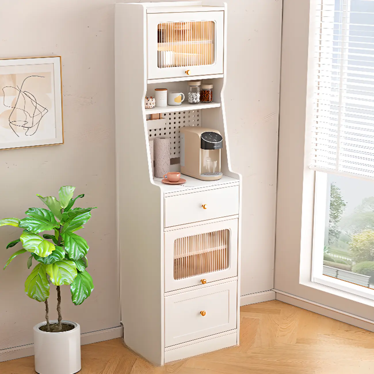 Tall White Stone Countertop Wood Sideboard for Kitchen Image - 1 | homeyfad