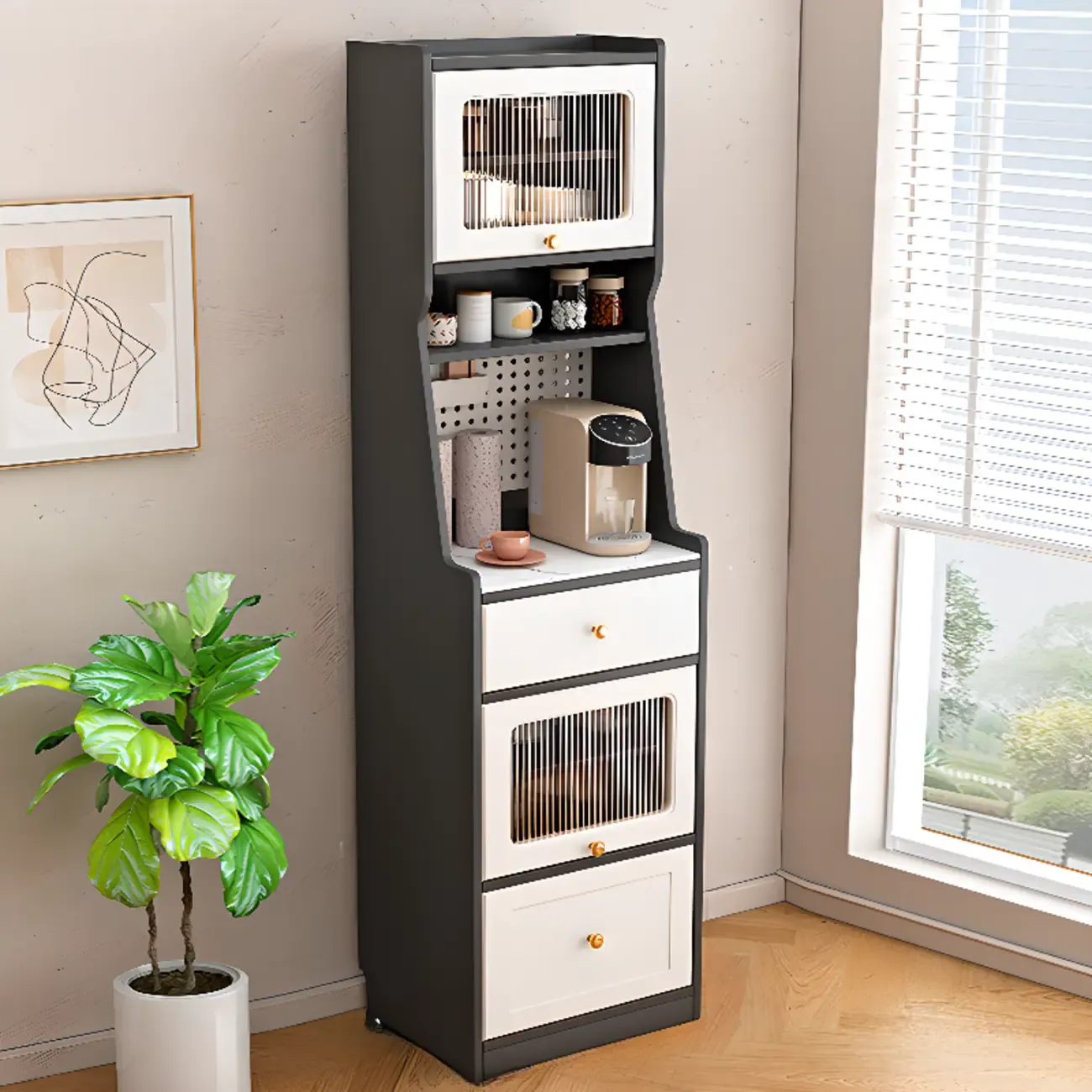Tall White Stone Countertop Wood Sideboard for Kitchen Image - 4