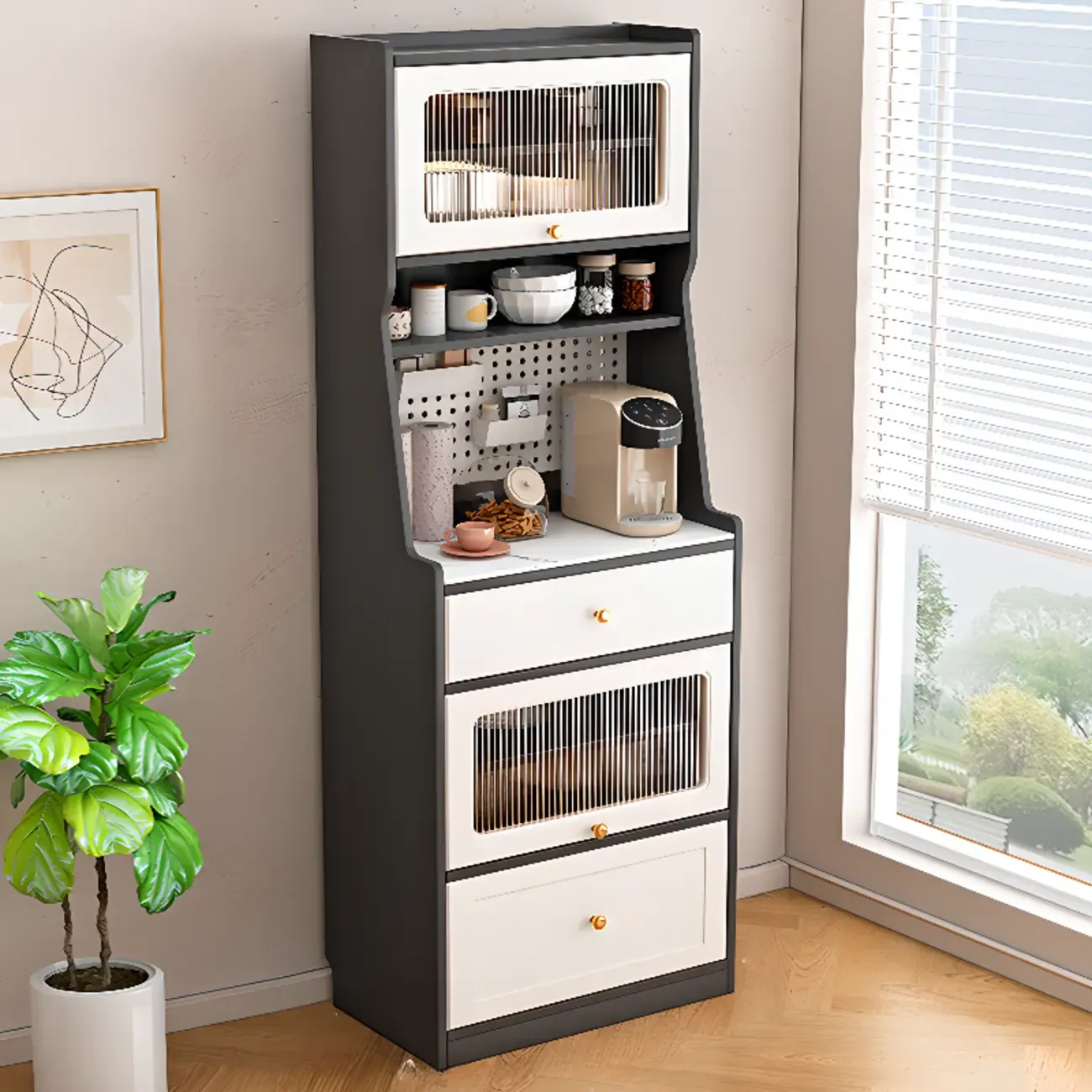 Tall White Stone Countertop Wood Sideboard for Kitchen Image - 6