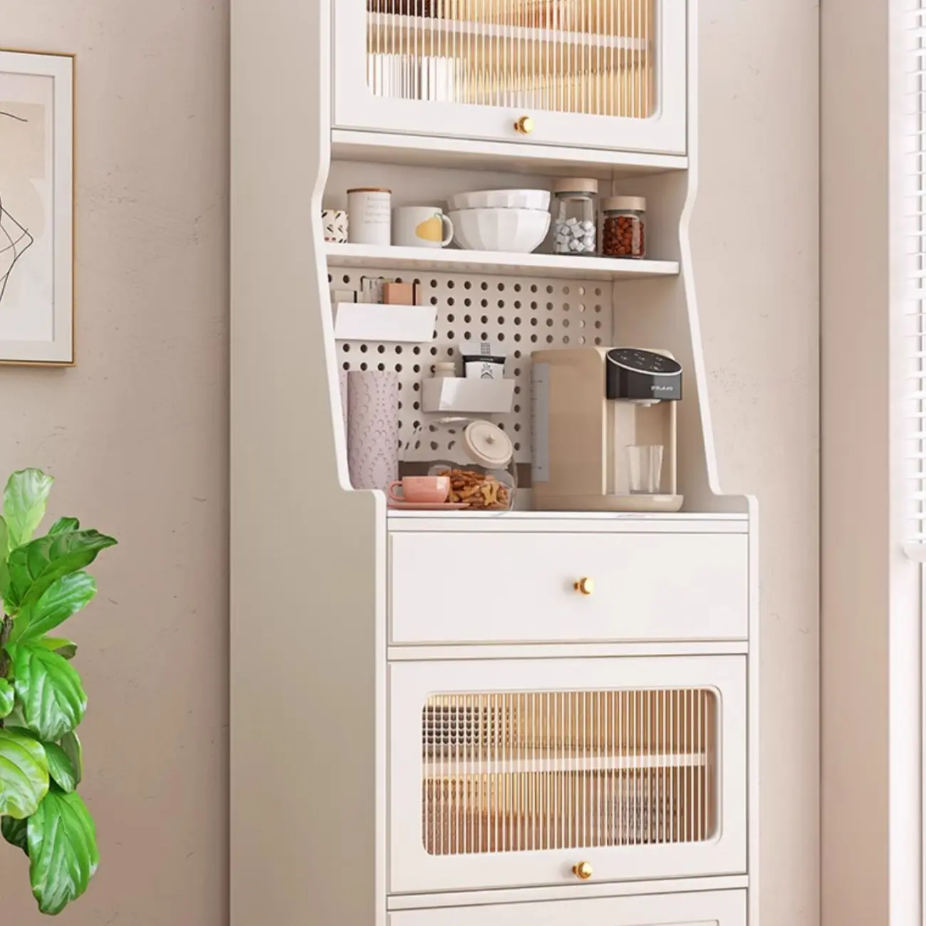 Tall White Stone Countertop Wood Sideboard for Kitchen Image - 7 | homeyfad