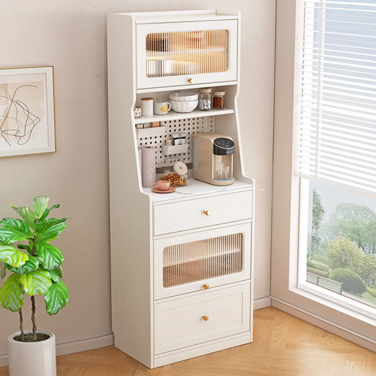 Tall White Stone Countertop Wood Sideboard for Kitchen Image - 2 | homeyfad