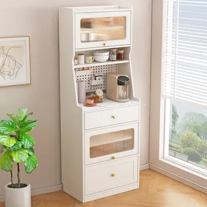 Tall White Stone Countertop Wood Sideboard for Kitchen Image - 2