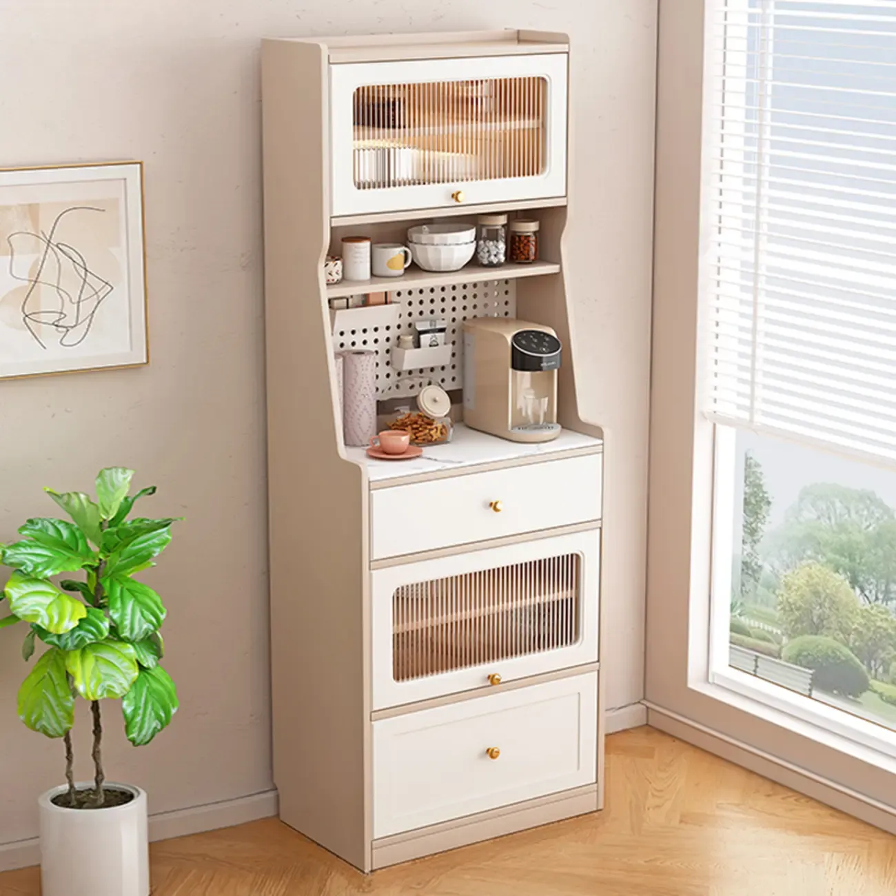 Tall White Stone Countertop Wood Sideboard for Kitchen Image - 9