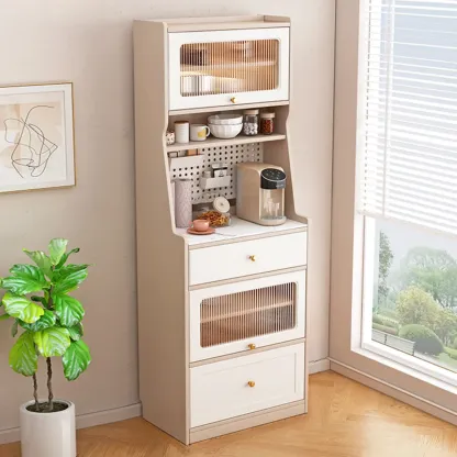 Tall White Stone Countertop Wood Sideboard for Kitchen Image - 9