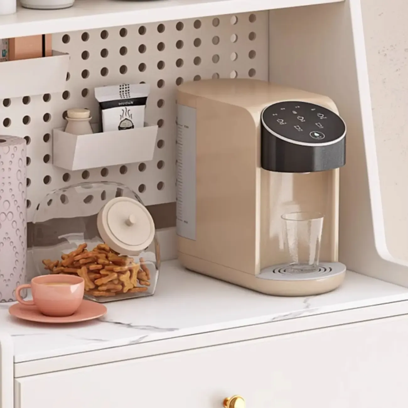 Tall White Stone Countertop Wood Sideboard for Kitchen Image - 10