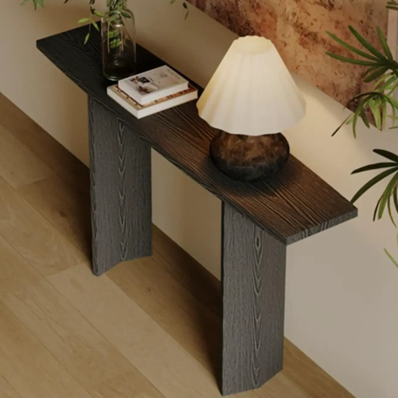 Minimalist Natural Wood Console Table With Dual Base Image - 3