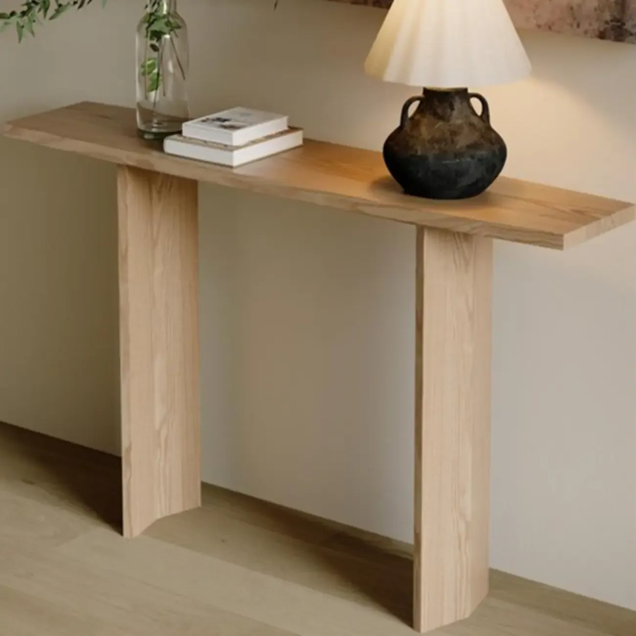 Minimalist Natural Wood Console Table With Dual Base Image - 4