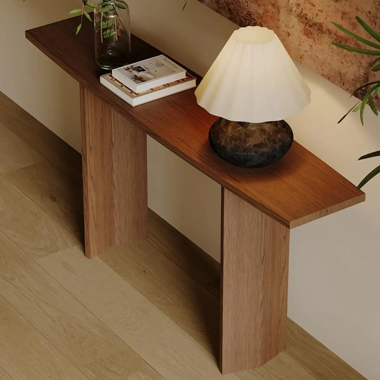 Minimalist Natural Wood Console Table With Dual Base Image - 5 | homeyfad