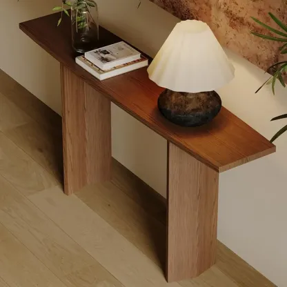Minimalist Natural Wood Console Table With Dual Base Image - 5