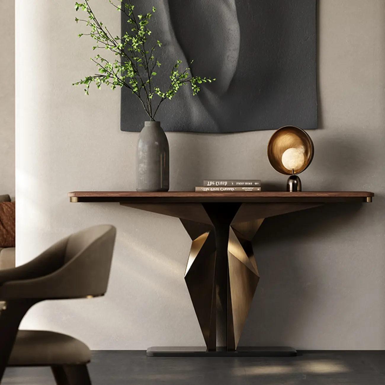 Contemporary Wood Top Console Table With Metal Geometric Base Image - 1 | homeyfad