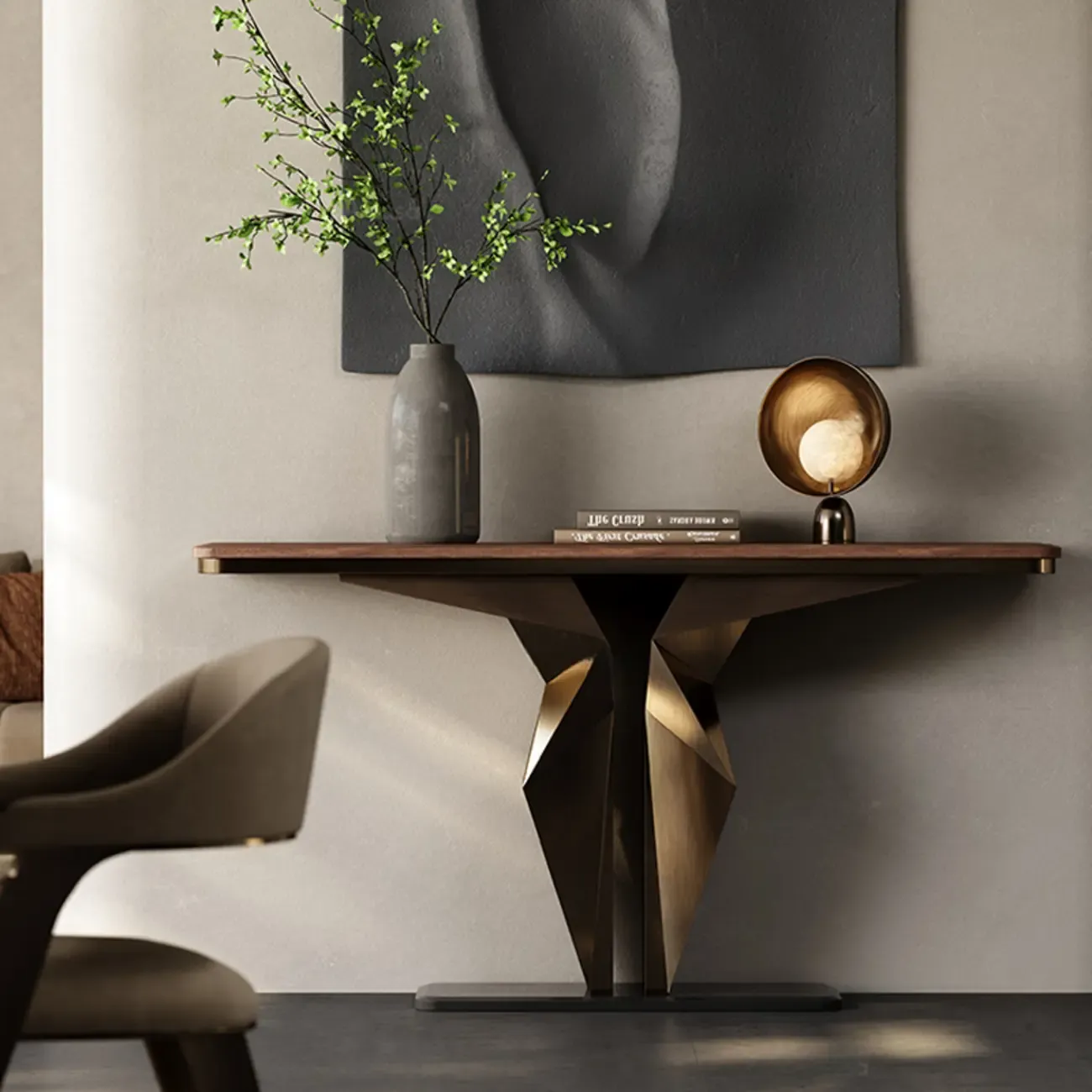 Contemporary Wood Top Console Table With Metal Geometric Base Image - 1