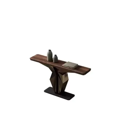 Contemporary Wood Top Console Table With Metal Geometric Base Image - 2