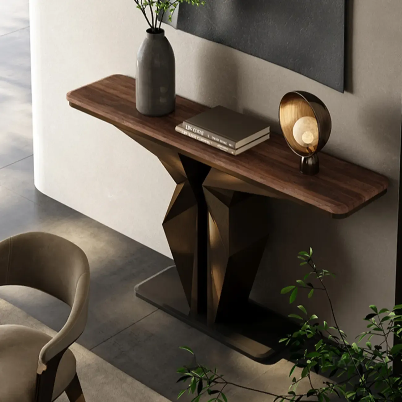 Contemporary Wood Top Console Table With Metal Geometric Base Image - 3