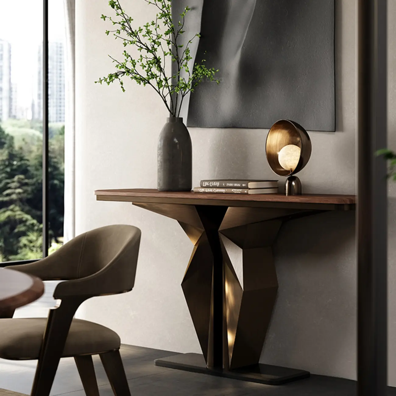 Contemporary Wood Top Console Table With Metal Geometric Base Image - 4 | homeyfad