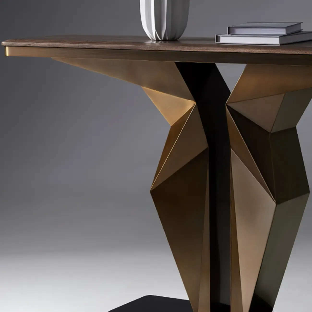 Contemporary Wood Top Console Table With Metal Geometric Base Image - 7