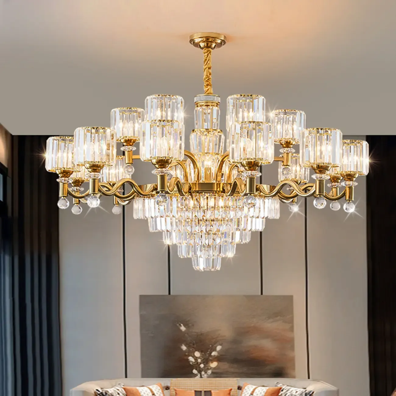 Luxury Gold Crystal Linear Glass Modern Chandelier Light Image - 1