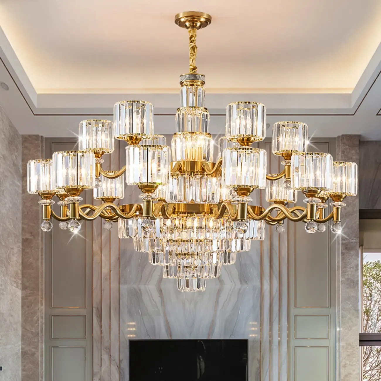 Luxury Gold Crystal Linear Glass Modern Chandelier Light Image - 4