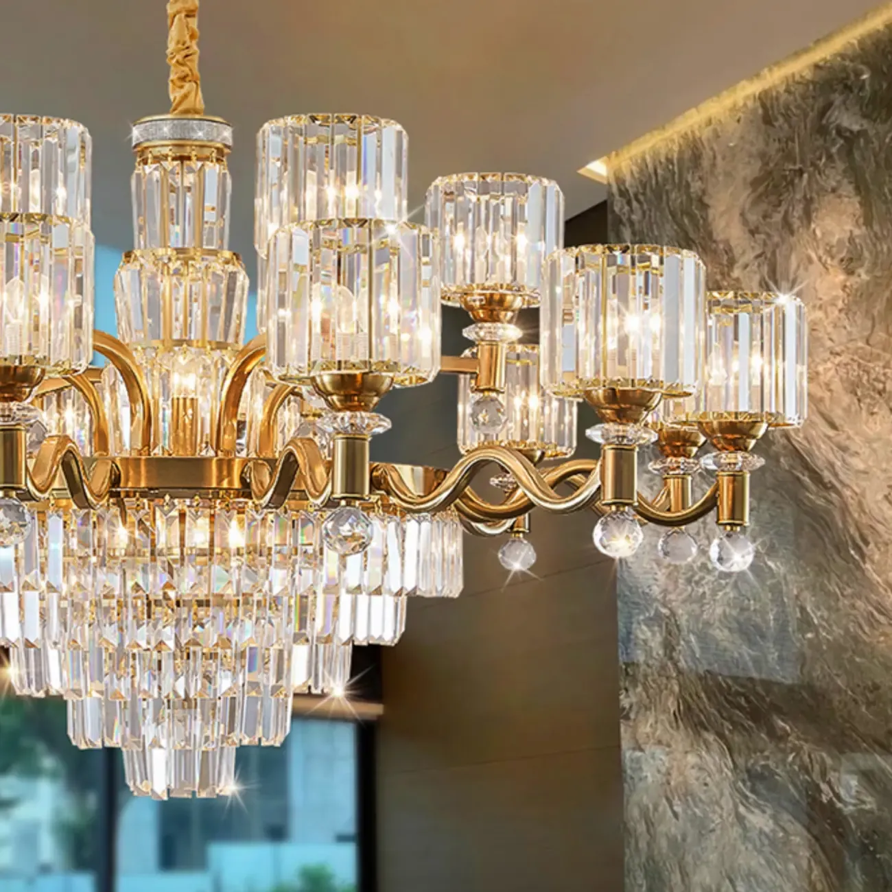 Luxury Gold Crystal Linear Glass Modern Chandelier Light Image - 14