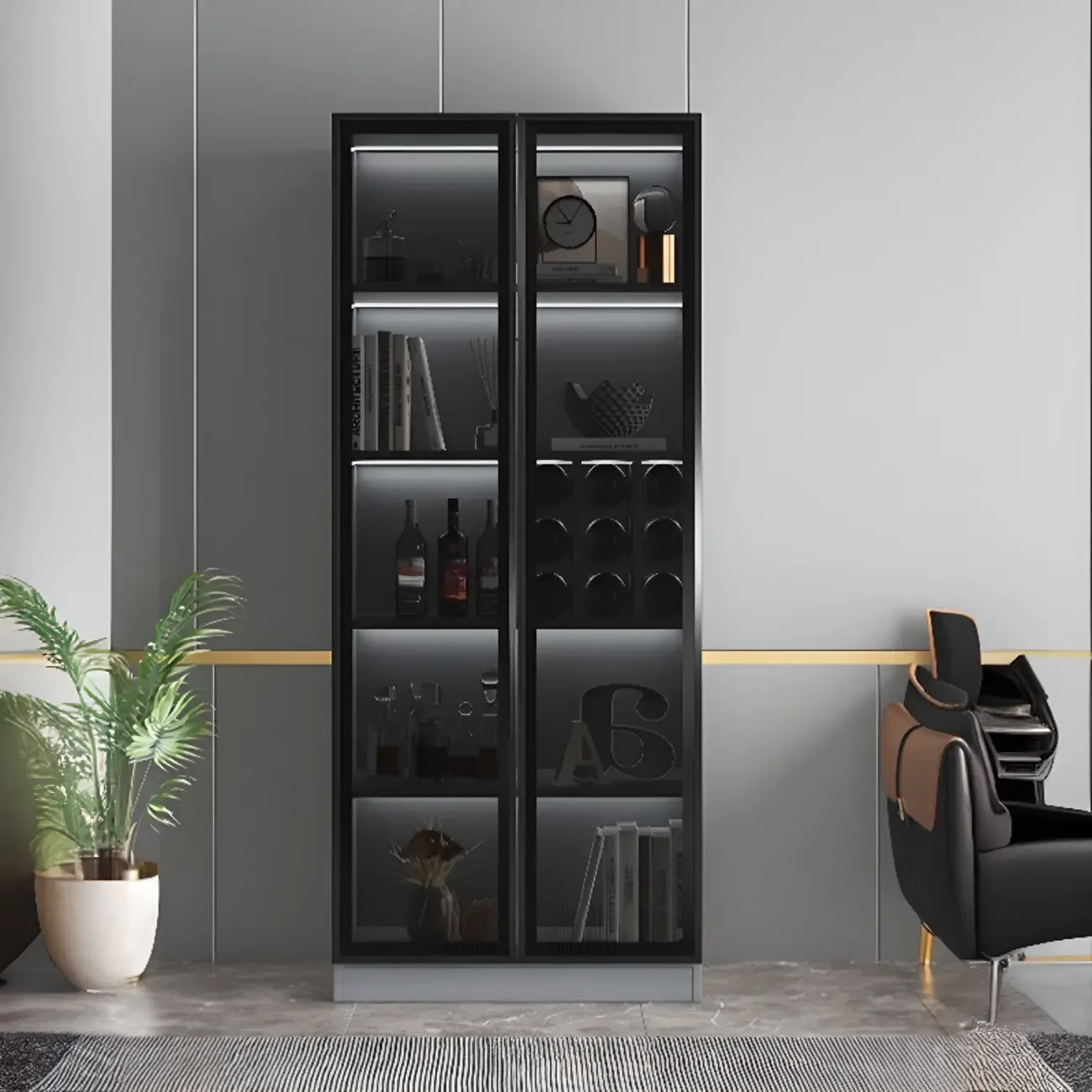 Large Black Wooden Flooring Display Cabinet with Light Image - 4