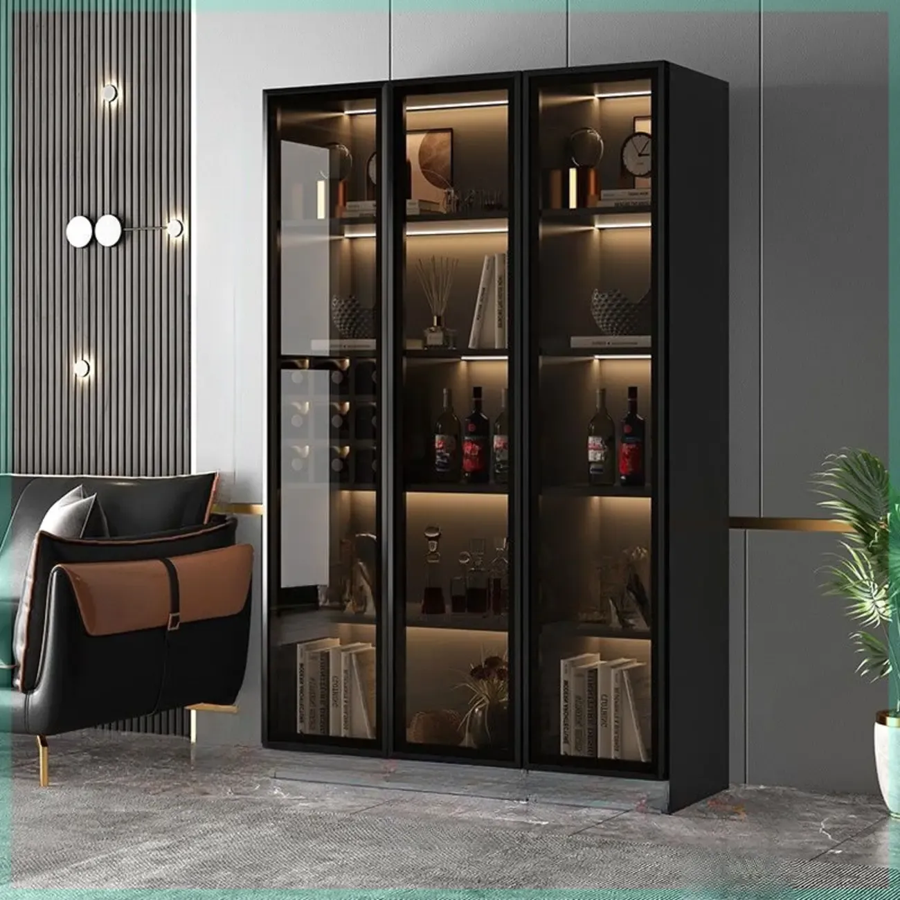 Large Black Wooden Flooring Display Cabinet with Light Image - 1