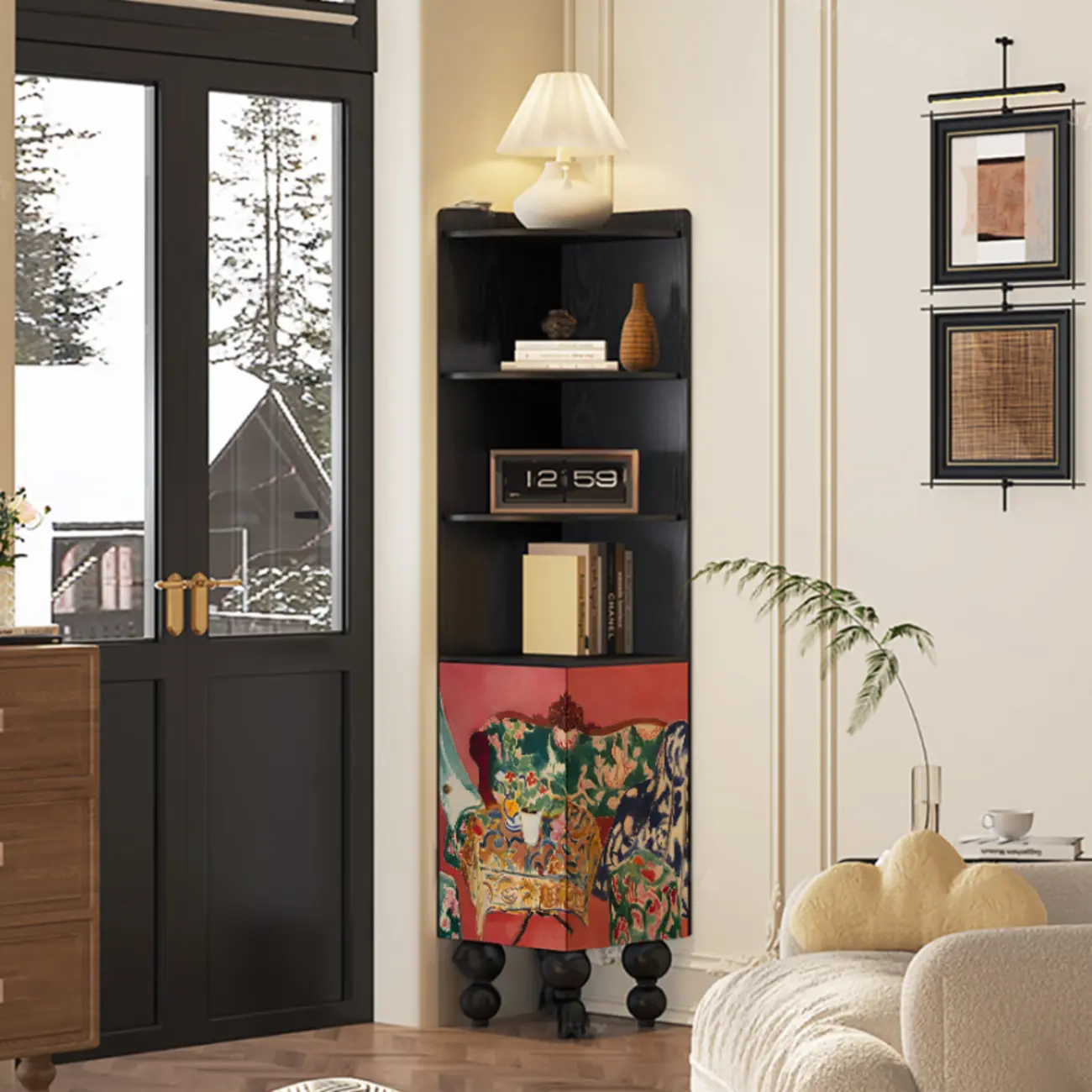 Traditional Black Wood Open Storage Corner Display Cabinet Image - 1 | homeyfad