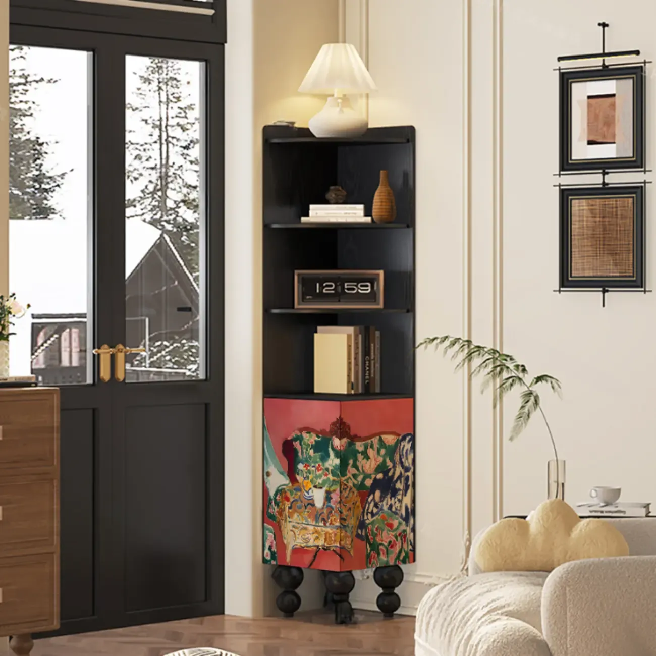 Traditional Black Wood Open Storage Corner Display Cabinet | HomeyFad