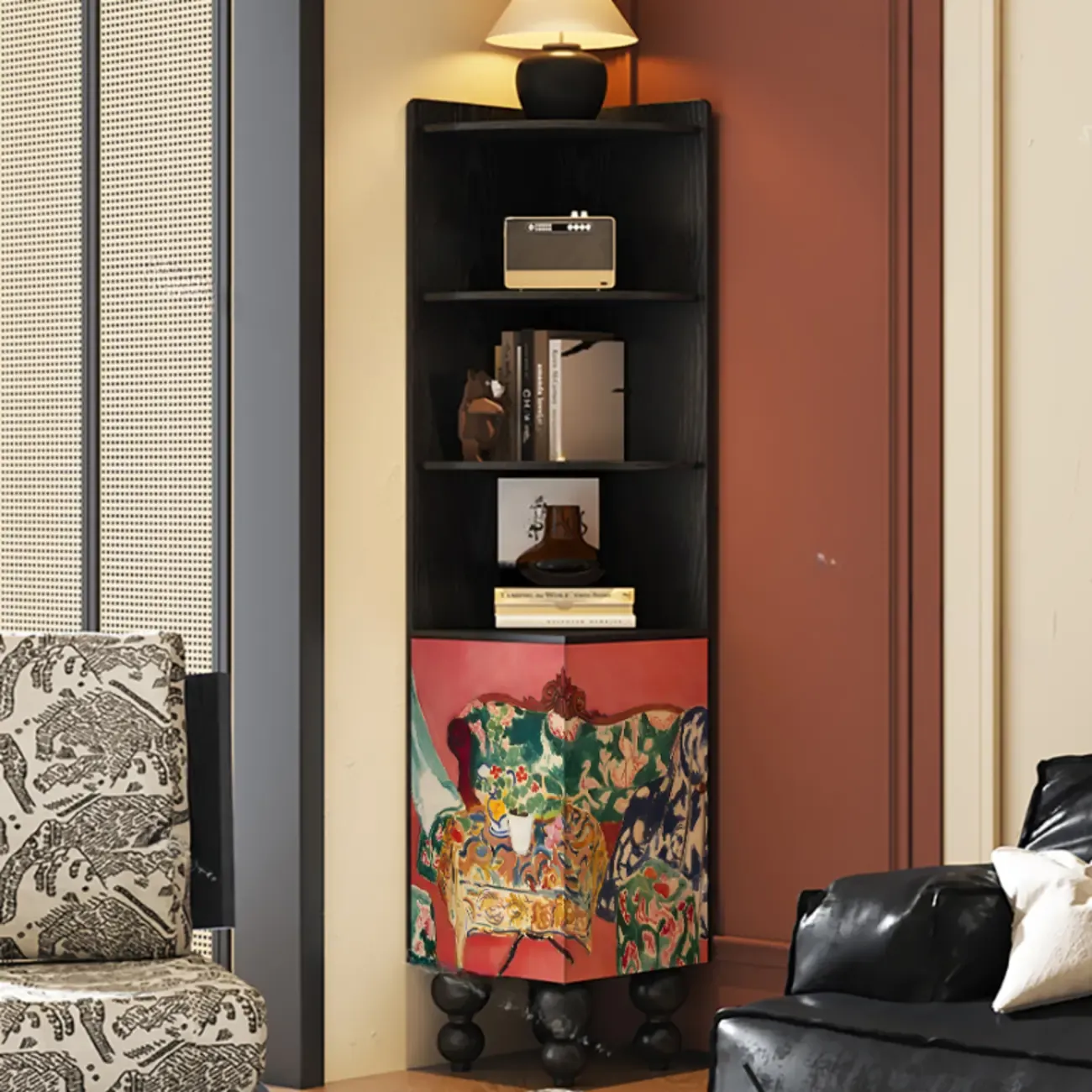 Traditional Black Wood Open Storage Corner Display Cabinet Image - 6