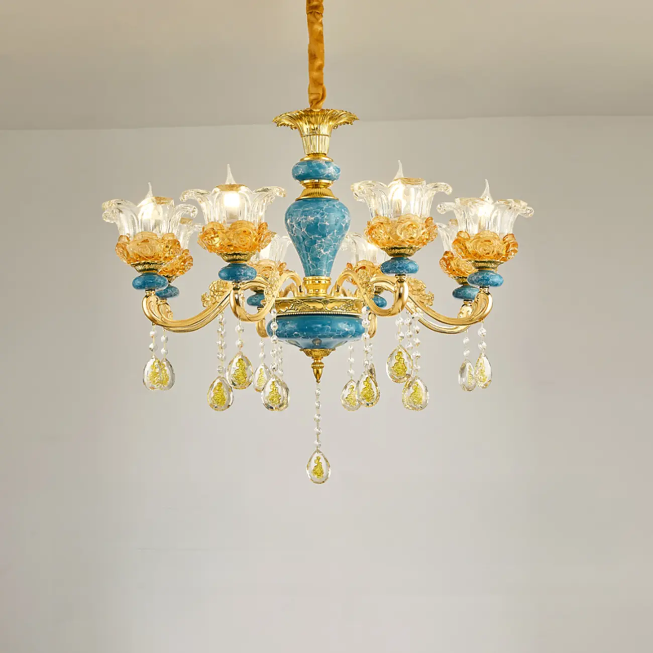 Large Luxury Brass Flower Shape Clear Glass Chandelier Image - 5 | homeyfad