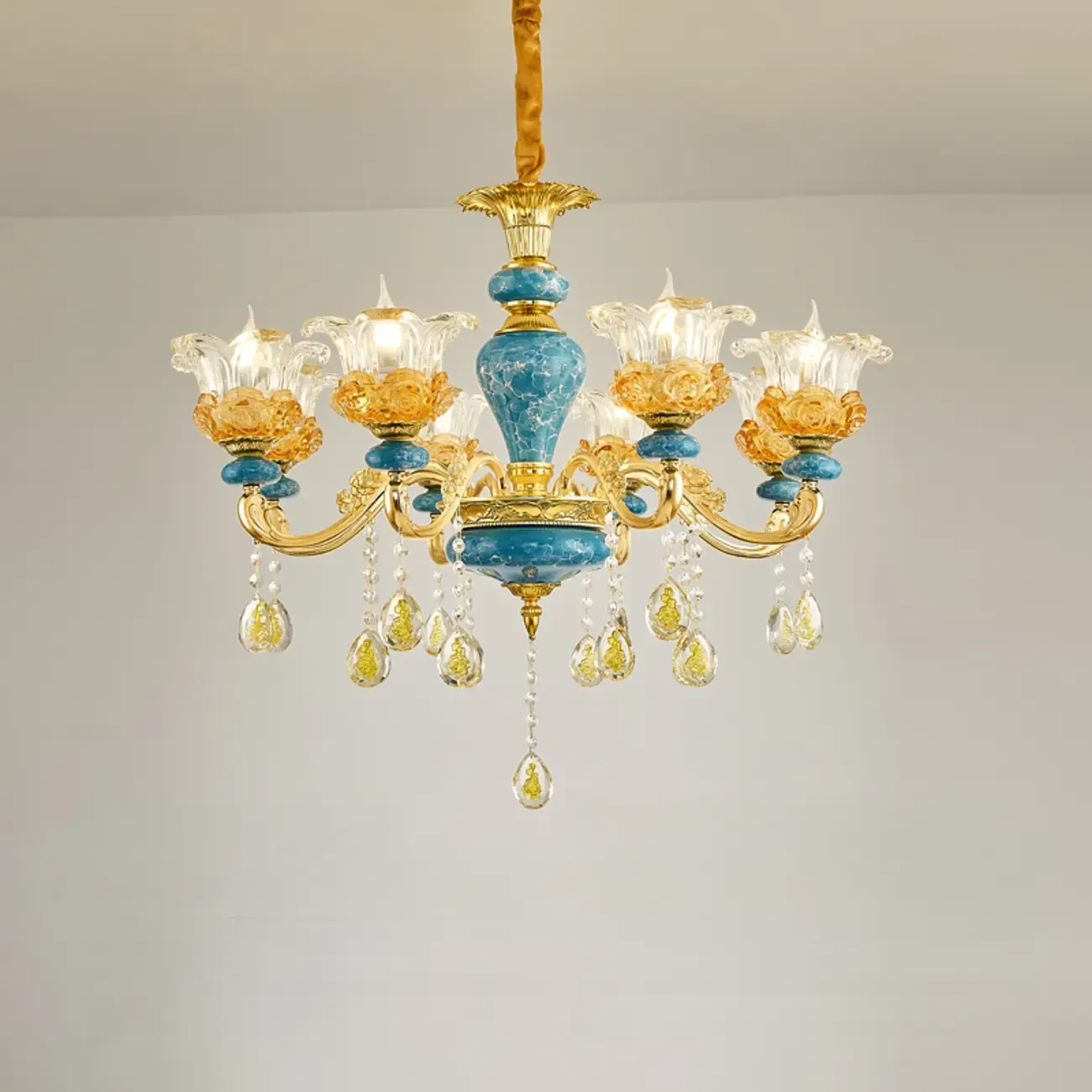 Large Luxury Brass Flower Shape Clear Glass Chandelier Image - 5