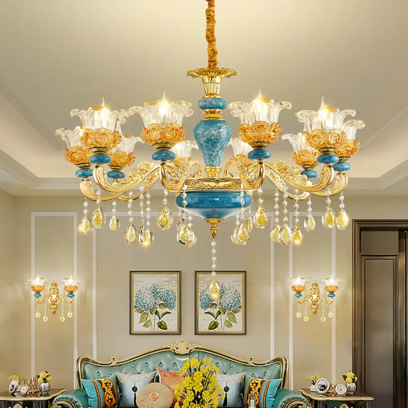 Large Luxury Brass Flower Shape Clear Glass Chandelier Image - 1