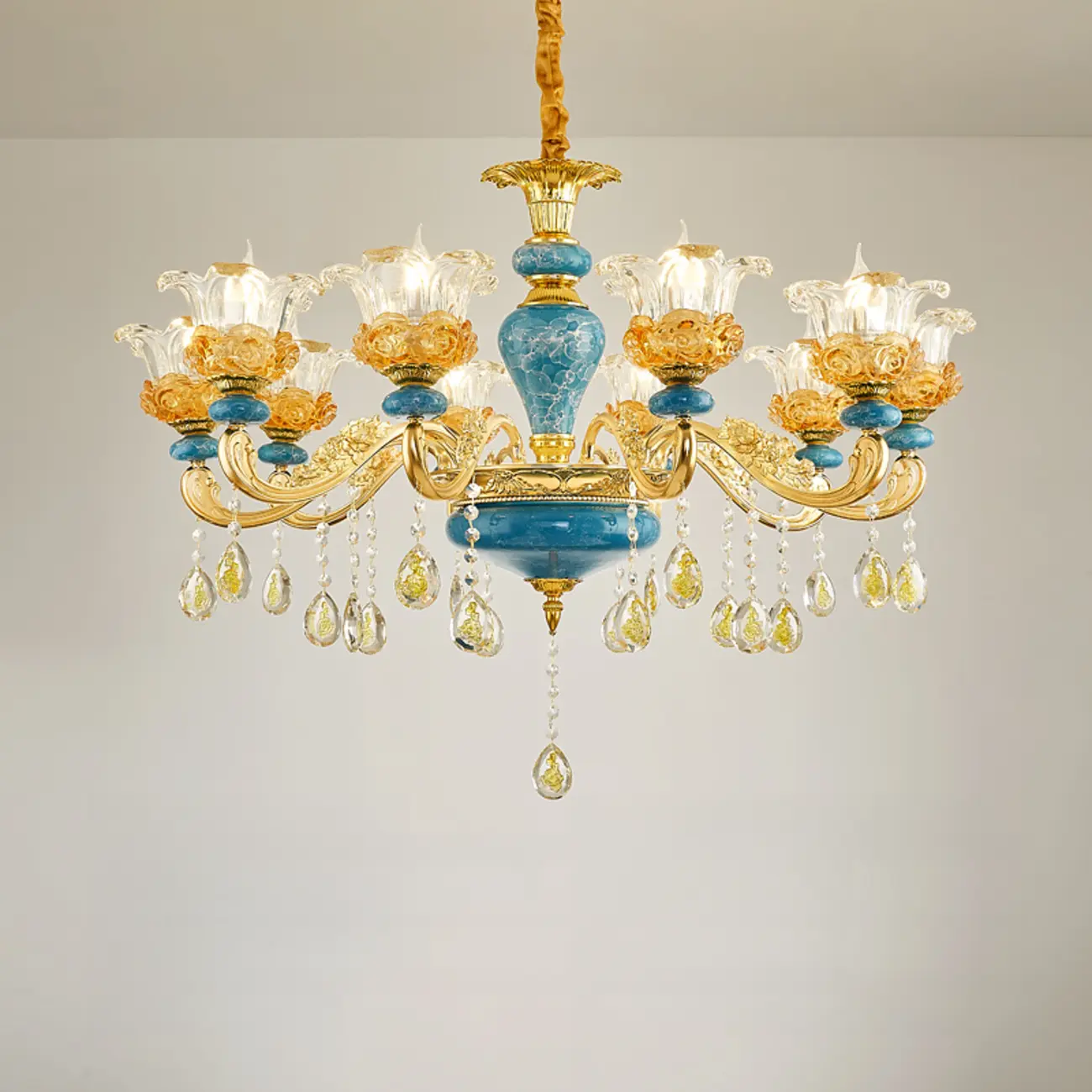 Large Luxury Brass Flower Shape Clear Glass Chandelier Image - 7 | homeyfad