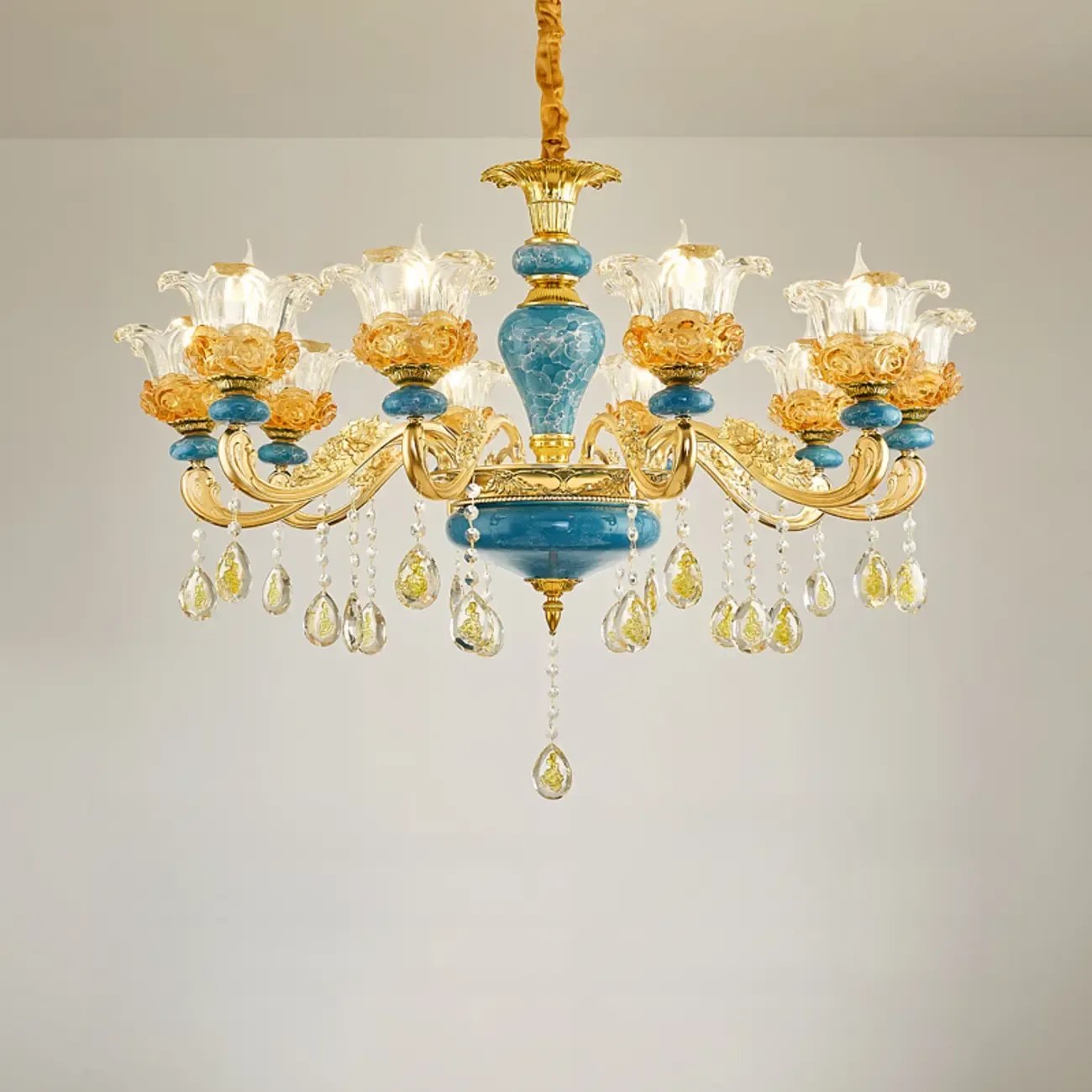 Large Luxury Brass Flower Shape Clear Glass Chandelier Image - 7