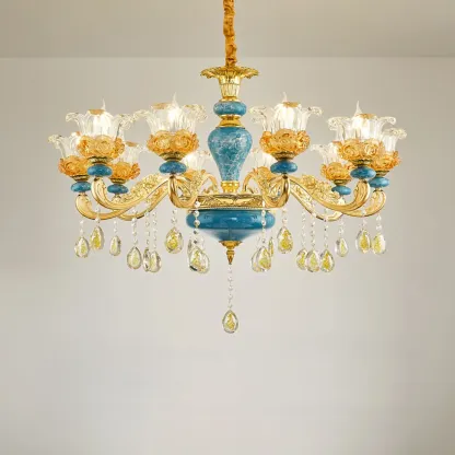 Large Luxury Brass Flower Shape Clear Glass Chandelier Image - 7