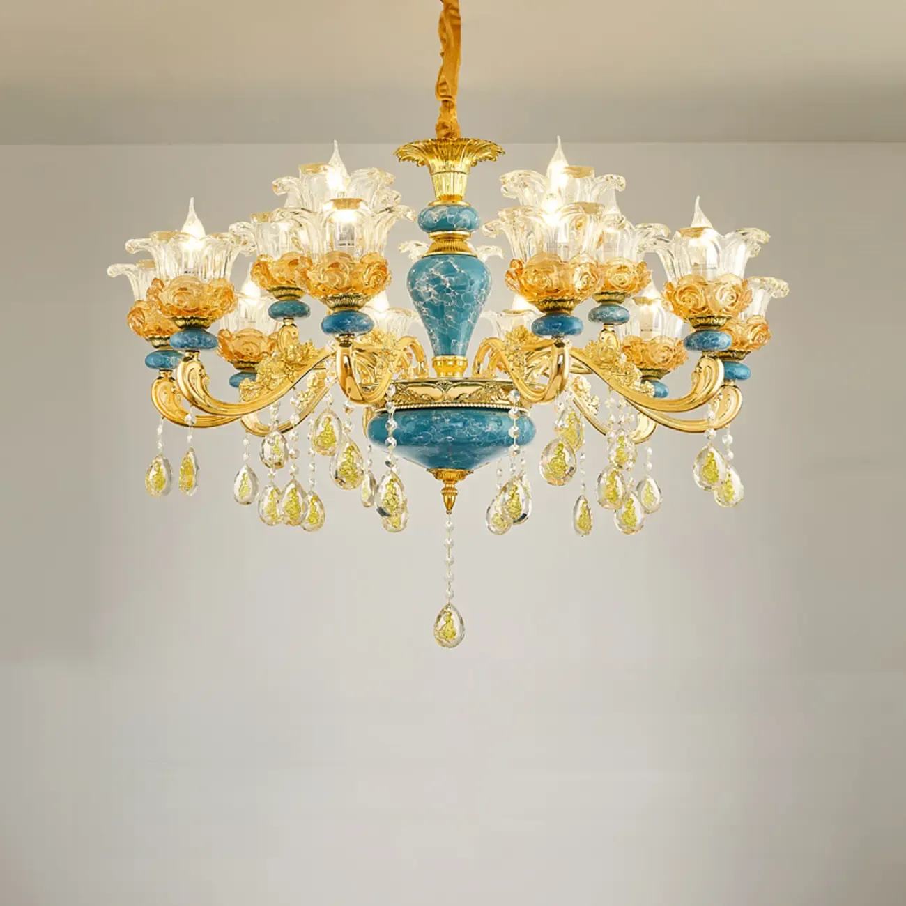 Large Luxury Brass Flower Shape Clear Glass Chandelier Image - 6