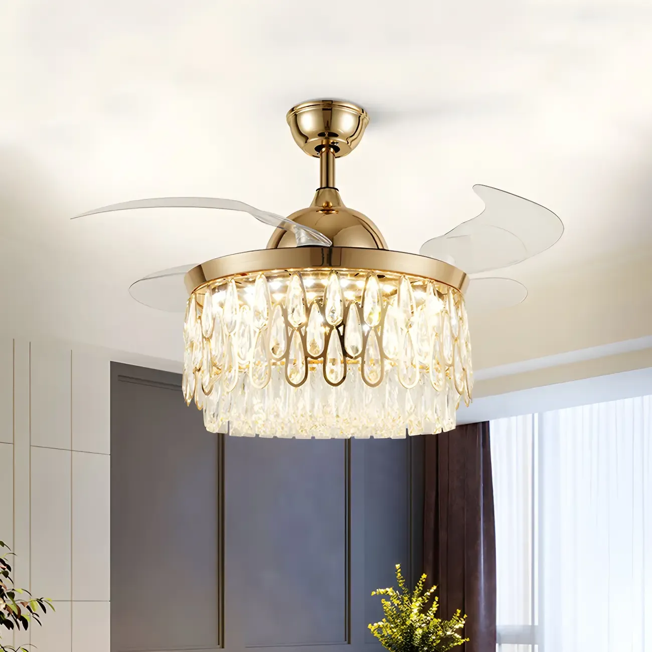 19-Inch Modern Gold Chandelier Fan for Living Room